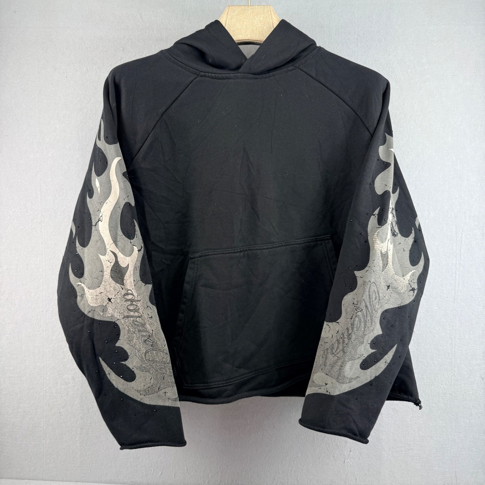 DVNT‎ Developmental Mens Black Hoodie Grey Flame Rhinestone Streetwear Size M